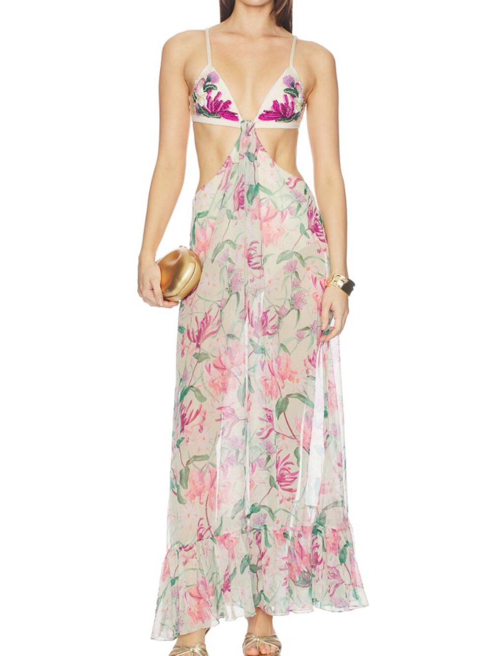 PatBo Honey Flower Embroidered & Beaded Beach Dress In Green - Size Medium - NWT